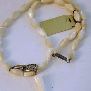 Elegant Mother Of Pearl With Tooth Pendant  Cream Beaded Necklace 15" Long